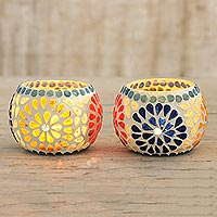 Glass mosaic tealight holders, 'Ambient Flowers' (pair) - Hand Crafted Glass Mosaic Tealight Holders (Pair)
