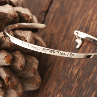Sterling silver cuff bracelet, 'Heart of Mine' - Sterling Silver Heart Charm Cuff Bracelet form India