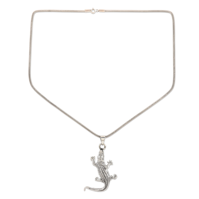 Sterling silver pendant necklace, 'Crawling Crocodile' - Hand Crafted Sterling Silver Crocodile Pendant Necklace