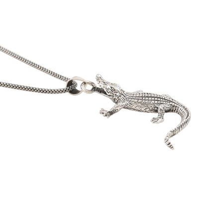 Sterling silver pendant necklace, 'Crawling Crocodile' - Hand Crafted Sterling Silver Crocodile Pendant Necklace