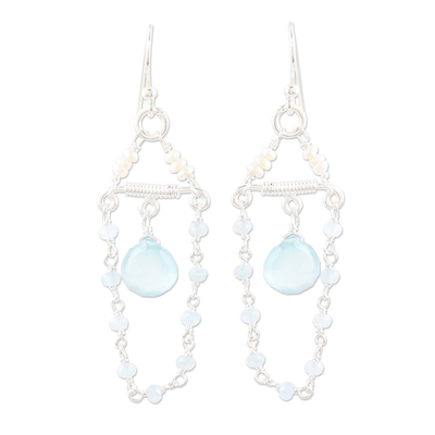 Cultured pearl and chalcedony dangle earrings, 'Blue Chandelier' - Cultured Freshwater Pearl and Chalcedony Dangle Earrings