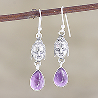 Amethyst dangle earrings, 'Violet Buddha' - Amethyst and Sterling Silver Buddha Dangle Earrings