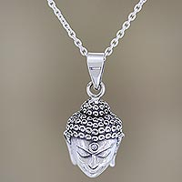 Cubic zirconia pendant necklace, 'Little Buddha' - Hand Crafted Sterling Silver and Buddha Pendant Necklace