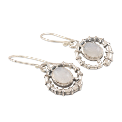Rainbow moonstone dangle earrings, 'Misty Coil' - Sterling Silver and Rainbow Moonstone Dangle Earrings
