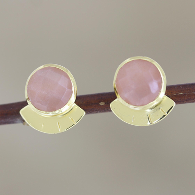 Gold-plated onyx stud earrings, 'Pink Glamour' - Hand Crafted Gold-Plated Sterling Silver Onyx Stud Earrings