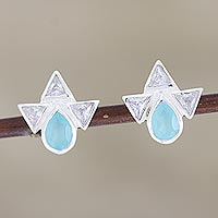 Chalcedony and cubic zirconia button earrings, 'Icy Tears' - Chalcedony and Cubic Zirconia Button Earrings