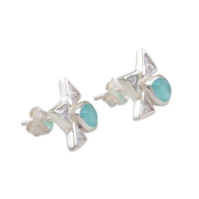 Chalcedony and cubic zirconia button earrings, 'Icy Tears' - Chalcedony and Cubic Zirconia Button Earrings