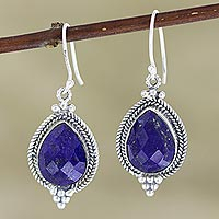 Pendientes colgantes de lapislázuli, 'Gotas de rocío del mar profundo' - Pendientes colgantes de lapislázuli y plata de ley