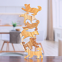 Teak wood game, 'Ninja Dogs' (6 pieces) - Hand Made Teak Dog-Themed Stacking Game (6 Pieces)