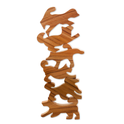 Hand Made Teak Dog-Themed Stacking Game (6 Pieces)