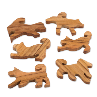 Juego de madera de teca, (6 piezas) - Juego de apilamiento con temática de perros de teca hecho a mano (6 piezas)