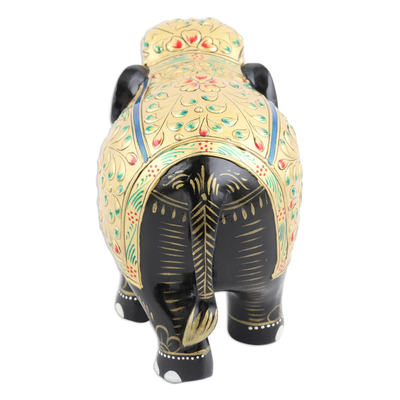 Gold-accented wood statuette, 'Golden Robe' - Hand Carved Kadam Wood and Gold Leaf Elephant Statuette