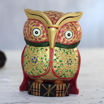 Gold-accented wood statuette, Golden Owl