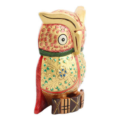 Gold-accented wood statuette, 'Golden Owl' - Hand Made Kadam Wood and Gold Leaf Owl Statuette