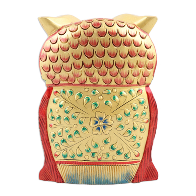 Gold-accented wood statuette, 'Golden Owl' - Hand Made Kadam Wood and Gold Leaf Owl Statuette