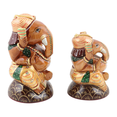 Gold-accented wood statuettes, 'Imperial Ganesha' (pair) - Handmade Kadam Wood and Gold Leaf Ganesha Statuette (Pair)
