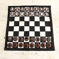 Embroidered cotton chess set, 'Compact Companion' - Hand Embroidered Cotton and Suede Chess Set
