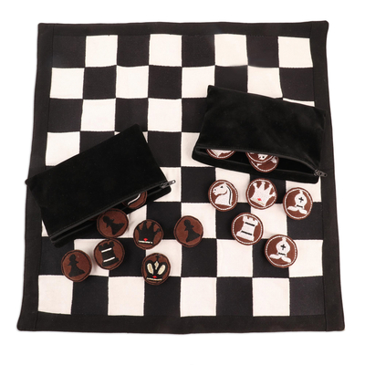 Embroidered cotton chess set, 'Compact Companion' - Hand Embroidered Cotton and Suede Chess Set