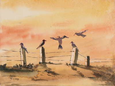'Starving Crows' - Watercolor Landscape Painting on Handmade Paper