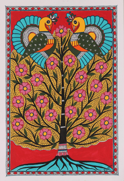 Acrylic Bird and Tree Painting on Handmade Paper