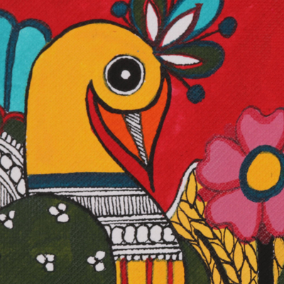 Madhubani painting, 'Spring Greetings' - Acrylic Bird and Tree Painting on Handmade Paper