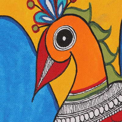 Madhubani painting, 'Flying Peacock' - Acrylic Madhubani Peacock Painting on Handmade Paper