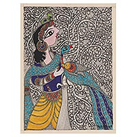 Pintura de Madhubani, 'Krishna benevolente' - Pintura de Madhubani con temática de Krishna sobre papel hecho a mano