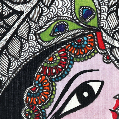 Pintura madhubani - Pintura Madhubani con temática de Krishna sobre papel hecho a mano