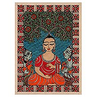Madhubani painting, 'Teachings of Buddha' - Madhubani Folk Painting on Handmade Paper