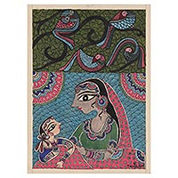 Madhubani-Gemälde, „Bedingungslose Liebe“ – Mutter und Kind Madhubani-Gemälde auf handgeschöpftem Papier