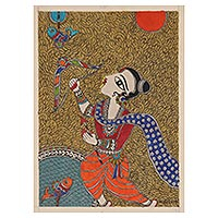 Pintura Madhubani, 'Matsya Vedh' - Pintura acrílica Madhubani sobre papel hecho a mano