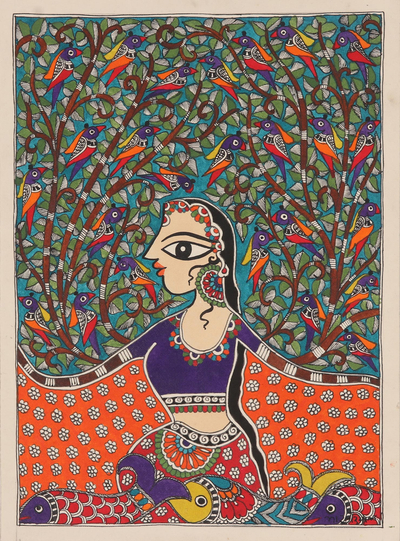 Madhubani painting, 'The Dancing Princess' - Madhubani Figurative Painting on Handmade Paper