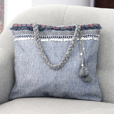 Embroidered linen tote bag, 'Assam Elegance' - Embroidered Grey Linen and Cotton Tote Bag