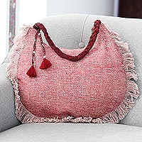 Linen hobo bag, 'Pink Cheer' - Fringed Linen and Cotton Shoulder Bag from India