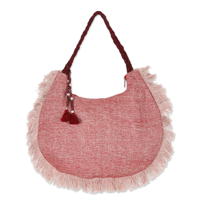 Linen hobo bag, 'Pink Cheer' - Fringed Linen and Cotton Shoulder Bag from India