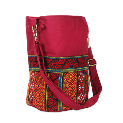 Cotton bucket bag, 'Mulberry Fantasy' - Geometric-Motif Mulberry Cotton Sling Bag