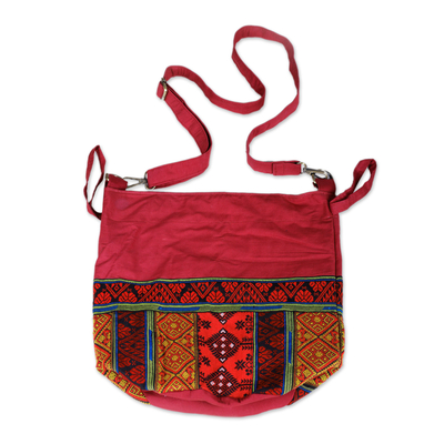 Cotton bucket bag, 'Mulberry Fantasy' - Geometric-Motif Mulberry Cotton Sling Bag