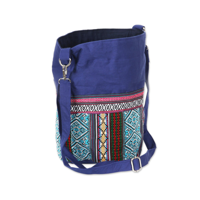 Cotton bucket bag, 'Ultramarine Fantasy' - Artisan Crafted Ultramarine Bucket Bag