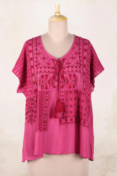 Beaded and Embroidered Viscose Blouse - Wine Country | NOVICA