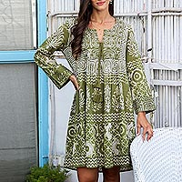 Embroidered cotton tunic dress, Cool Green
