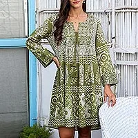 Embroidered cotton tunic dress, 'Cool Green' - Screen Printed Embroidered Cotton Dress