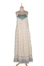 Embroidered sundress, 'Corfu Seas' - Embroidered Viscose Floral Motif Maxi Dress