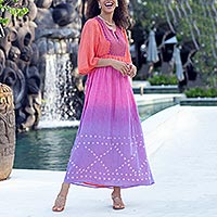Embroidered Tie-Dyed Cotton Empire Waist Dress,'Jaipur Spice Garden'