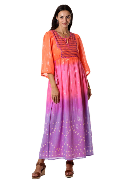 Embellished cotton maxi dress, 'Jaipur Spice Garden' - Embroidered Tie-Dyed Cotton Empire Waist Dress