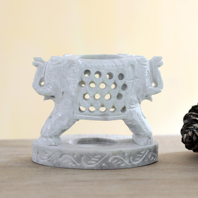 Soapstone tealight holder, 'Twin Elephants' - Artisan Crafted Soapstone Elephant Tealight Holder