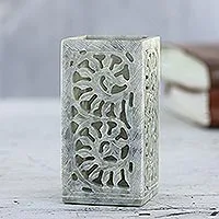 Soapstone pen holder, 'Office Order' - Hand Carved Soapstone Pen Holder from India