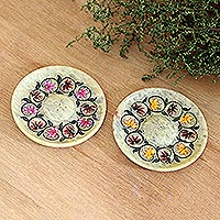 Hand painted soapstone incense holders, 'Flower Scent' (pair) - Hand Painted Soapstone Floral Incense Holders (Pair)