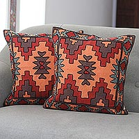 Chain stitched cotton cushion covers, 'Desert Wind' (pair) - Chain Stitched Cotton Cushion Covers from India (Pair)
