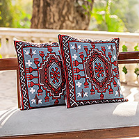 Chain stitched cotton cushion covers, 'Royal Fountain' (pair) - Multicolored Chain Stitched Cotton Cushion Covers (Pair)