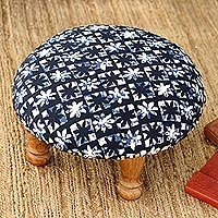 Upholstered ottoman foot stool, Blue Blossoms